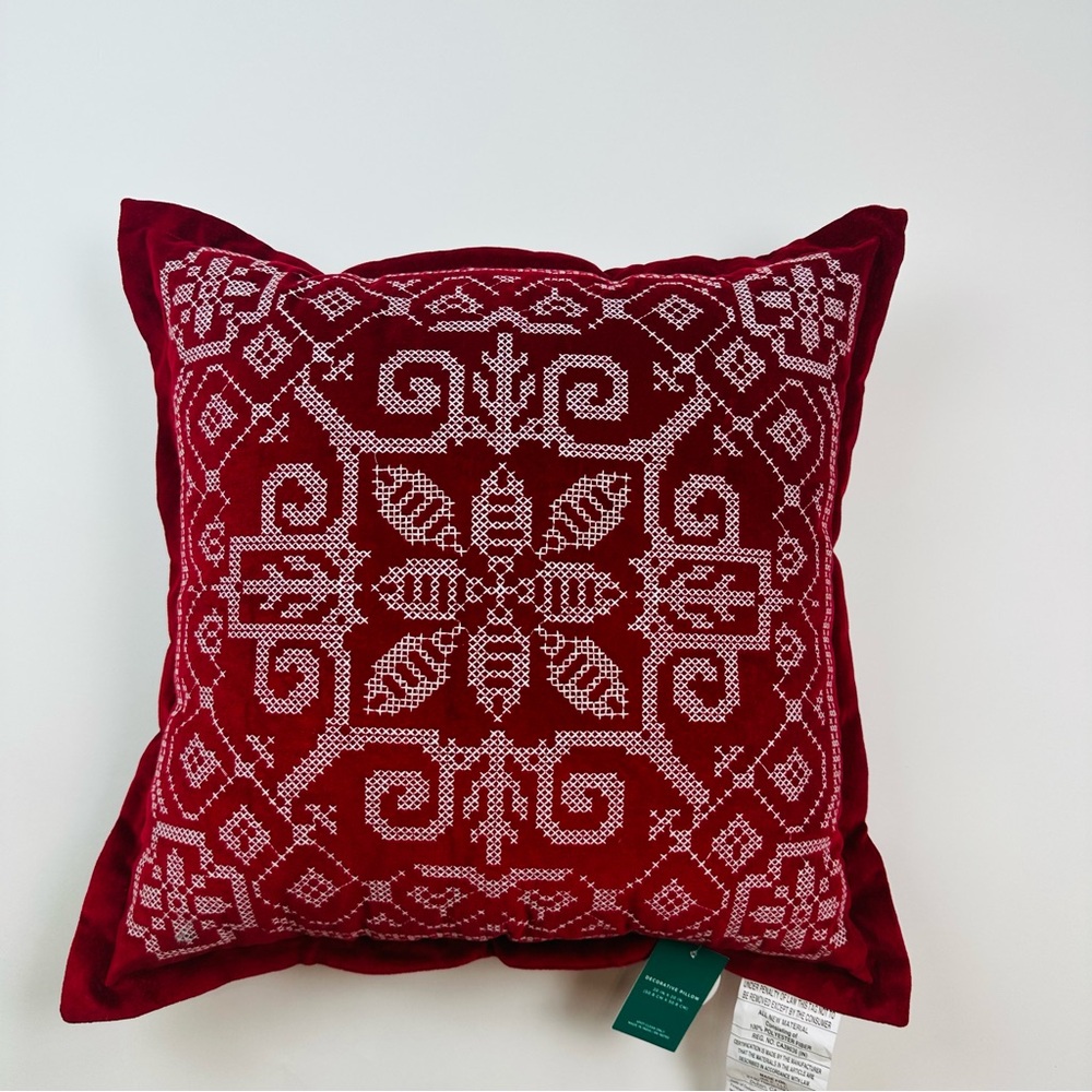 North Spruce Lane Red Velvet Embroidered Christmas Pillow